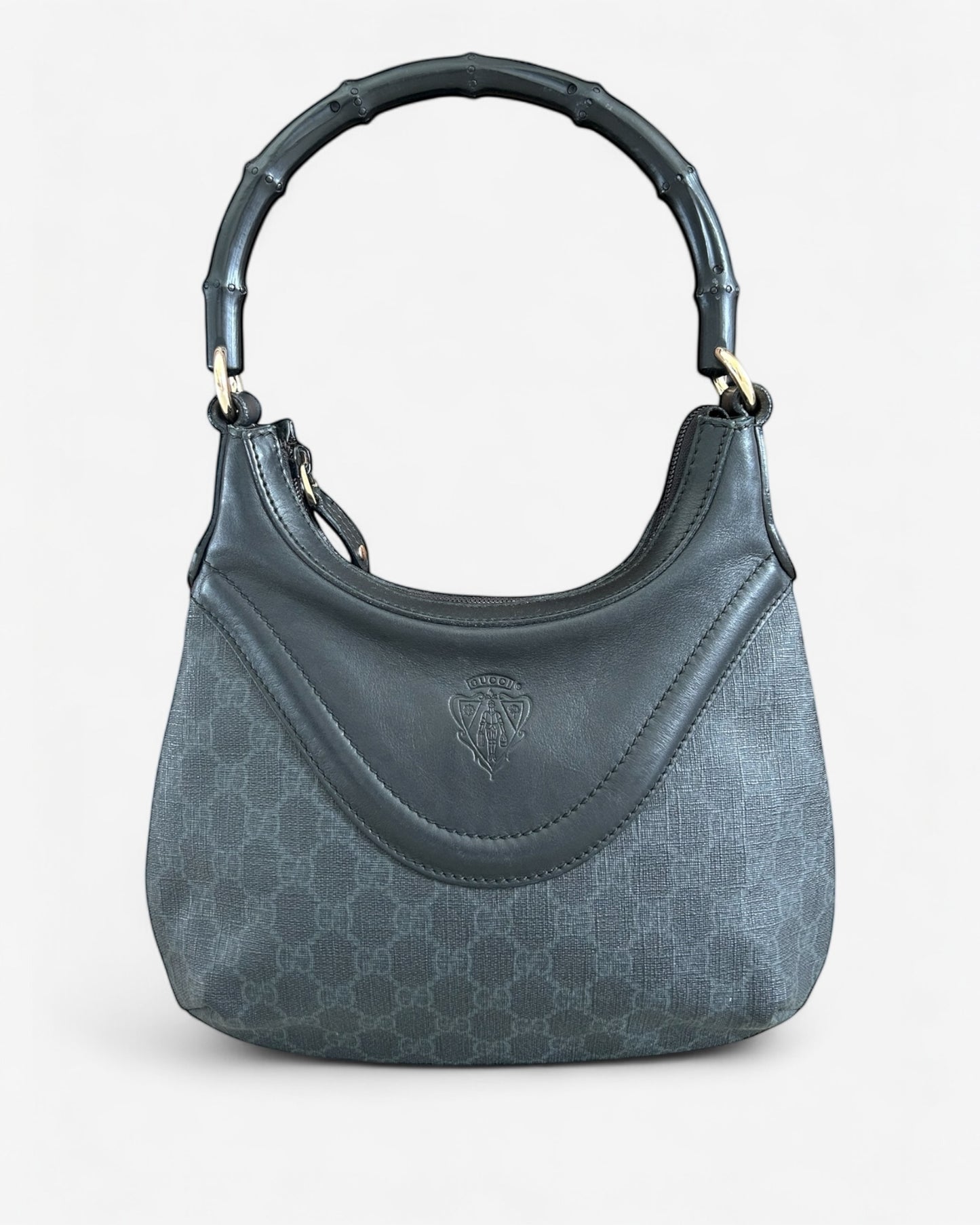 Pre-owned Gucci Hysteria Crest Bamboo bag in black leather with crest emblem – front view