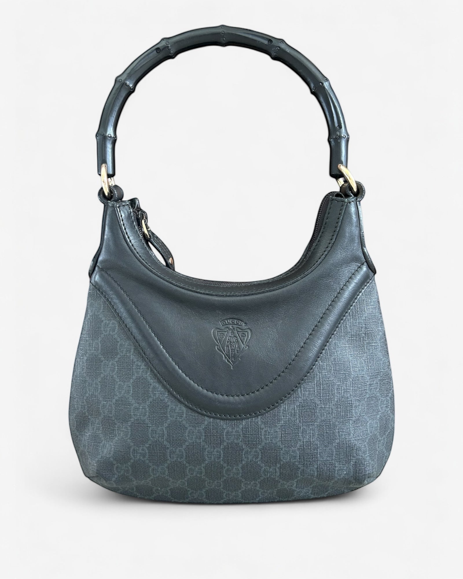 Pre-owned Gucci Hysteria Crest Bamboo bag in black leather with crest emblem – front view
