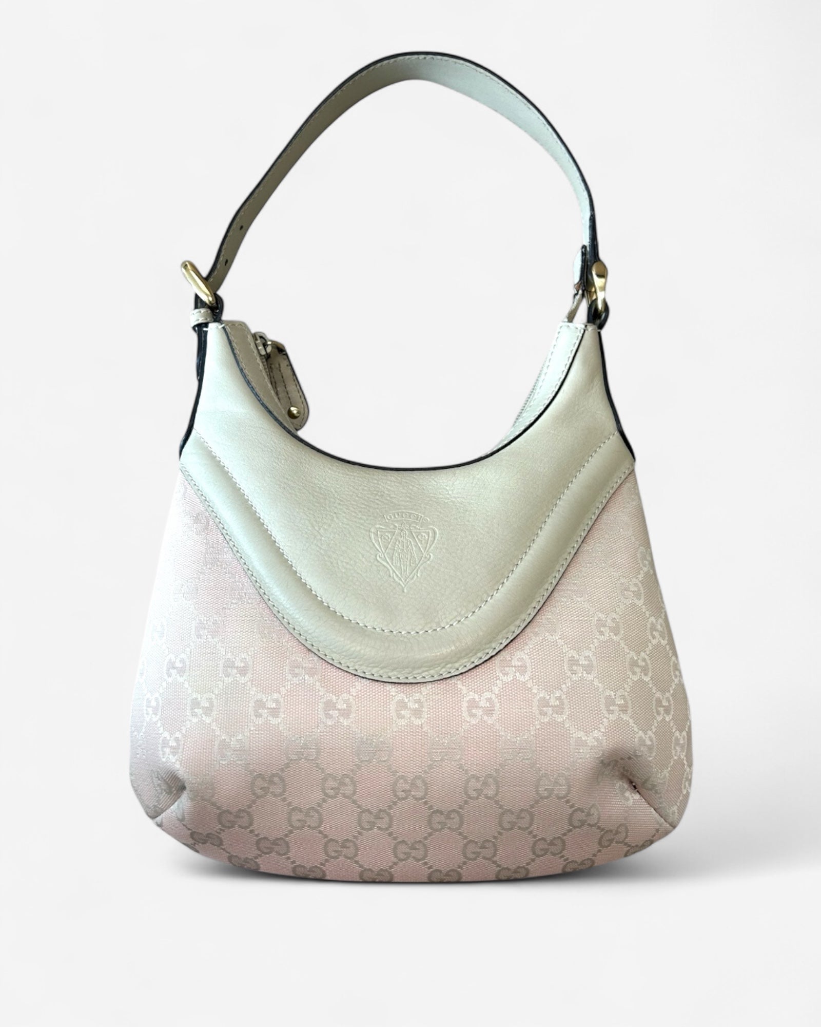 Pre-owned Gucci Hysteria Crest Hobo bag in pink and crème canvas with leather trim – front view