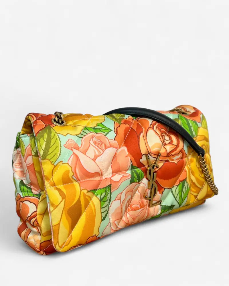 Used Saint Laurent Jamie Medium bag – side profile in vibrant floral satin with chain strap