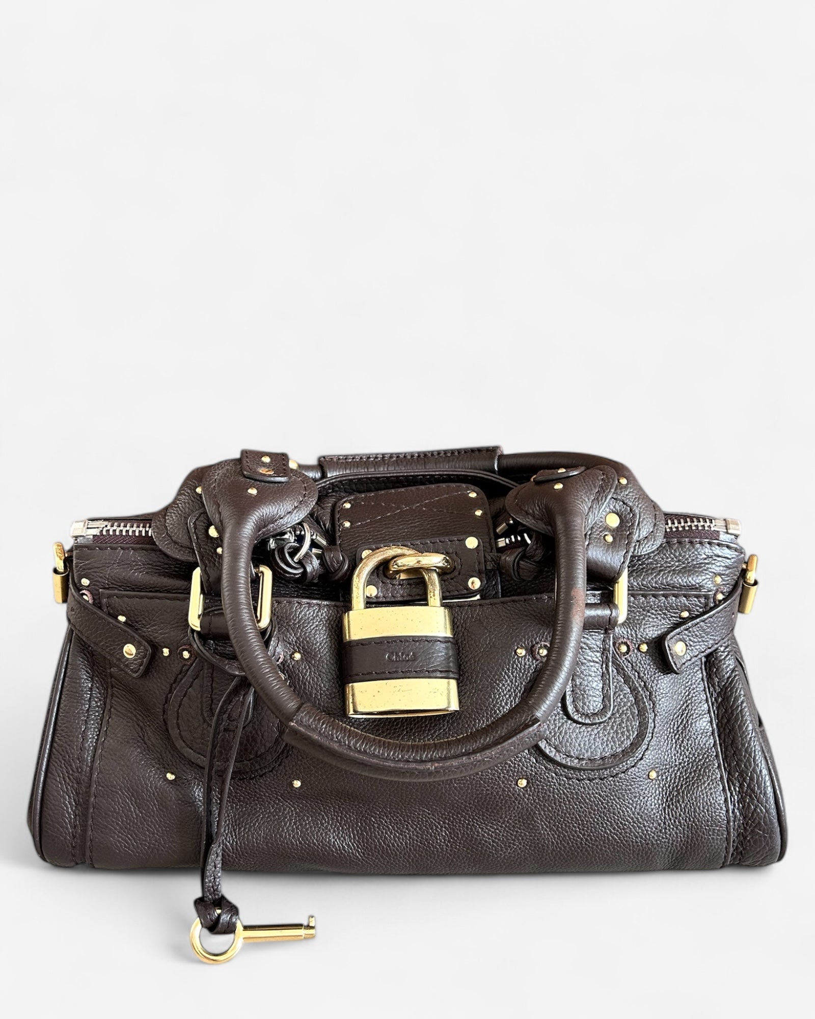 Vintage Chloé Paddington handbag in brown grained leather with oversized gold-tone padlock and key