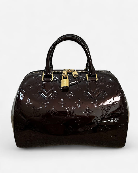 Vintage Louis Vuitton Montana handbag in glossy aubergine Monogram Vernis leather with gold-tone hardware and detachable strap