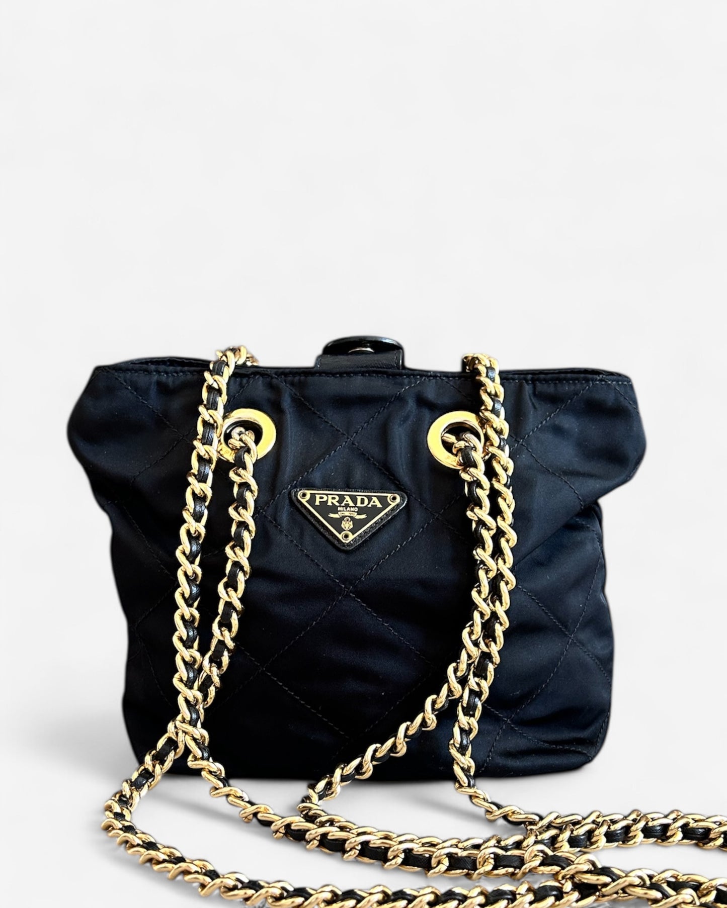 Vintage Prada nylon chain shoulder bag in black with leather strap and gold-tone chain – front view